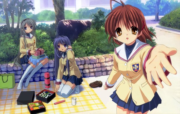 Anime picture 2000x1273 with clannad key (studio) furukawa nagisa fujibayashi kyou sakagami tomoyo long hair looking at viewer highres short hair open mouth blue eyes brown hair sitting purple eyes multiple girls brown eyes purple hair red hair girl uniform