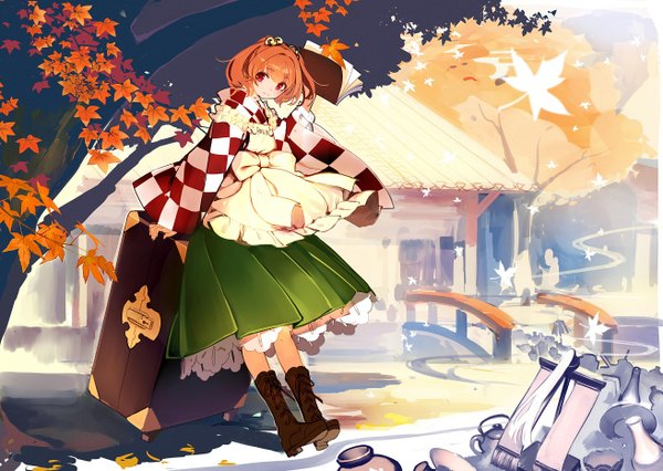 Anime picture 1311x932 with touhou motoori kosuzu lia-sama single looking at viewer fringe short hair smile red eyes orange hair two side up girl hair ornament plant (plants) tree (trees) boots book (books) leaf (leaves) apron hair tie