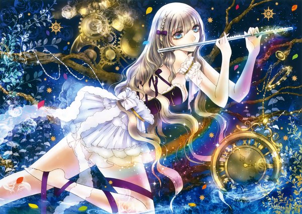 Anime picture 3300x2343 with original eshi 100-nin ten yuki mami single highres blue eyes looking away absurdres very long hair grey hair scan official art bare legs girl dress ribbon (ribbons) clock musical instrument gears flute