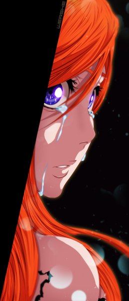 Anime picture 778x1800 with bleach studio pierrot inoue orihime wershe single long hair tall image purple eyes looking back orange hair tears coloring close-up girl