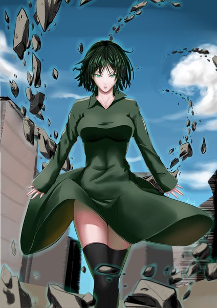 Anime picture 2480x3507 with one-punch man madhouse fubuki (one-punch man) er ci gudu single tall image looking at viewer fringe highres short hair breasts black hair green eyes sky cloud (clouds) outdoors long sleeves wind sleeves past wrists walking