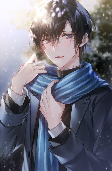 Anime picture 850x1292 with original ailm single tall image looking at viewer blush fringe open mouth blue eyes black hair hair between eyes standing upper body sunlight blurry open clothes mole depth of field snowing winter