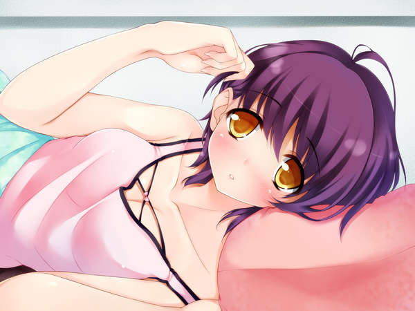 Anime picture 1536x1152 with original rayn single looking at viewer blush short hair light erotic yellow eyes cleavage purple hair girl