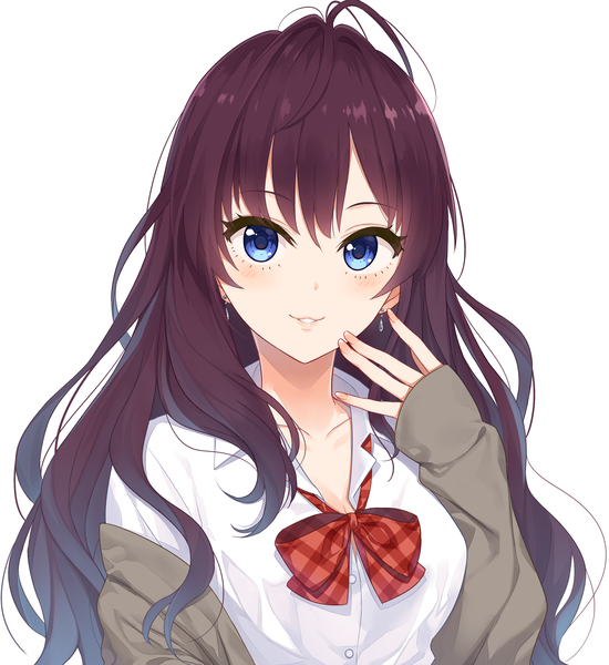 Anime picture 2064x2250 with idolmaster idolmaster cinderella girls ichinose shiki yuuhi (ages) single long hair tall image blush fringe highres blue eyes smile cleavage purple hair ahoge parted lips fingernails finger to mouth sleeves past wrists open collar