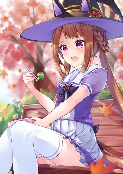Anime picture 2894x4093 with umamusume sweep tosho (umamusume) pizza (pizzania company) single long hair tall image highres open mouth brown hair sitting purple eyes twintails payot looking away outdoors puffy sleeves autumn girl thighhighs uniform
