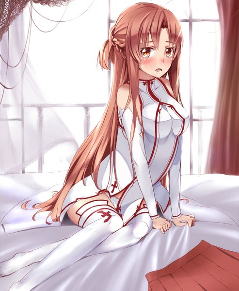 Anime picture 1268x1542 with sword art online a-1 pictures yuuki asuna single long hair tall image blush fringe breasts open mouth light erotic brown hair sitting brown eyes braid (braids) girl thighhighs skirt underwear panties
