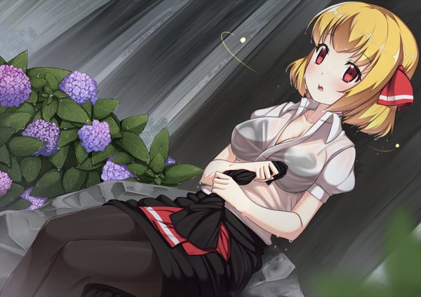 Anime picture 1414x1000 with touhou rumia nakamura kusata blush short hair open mouth light erotic blonde hair red eyes girl flower (flowers) plant (plants) shirt tree (trees) hydrangea