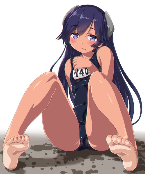 Anime picture 1250x1500 with kantai collection i-400 submarine dd (ijigendd) single long hair tall image looking at viewer blush fringe breasts open mouth light erotic simple background white background sitting purple eyes bare shoulders purple hair full body ass
