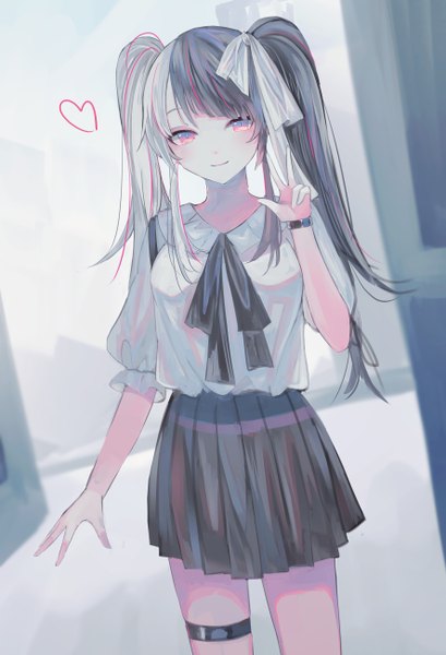 Anime picture 886x1300 with virtual youtuber nijisanji yorumi rena seia (tikxxx) single long hair tall image looking at viewer blush fringe black hair standing twintails silver hair blunt bangs pleated skirt pink eyes multicolored hair arm up dutch angle