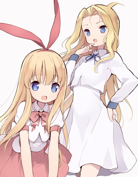 Anime picture 1565x2000 with saki amae koromo ryuumonbuchi touka itsumi (itumiyuo) long hair tall image open mouth blue eyes blonde hair simple background white background multiple girls ahoge leaning leaning forward hand on hip girl bow 2 girls hair bow