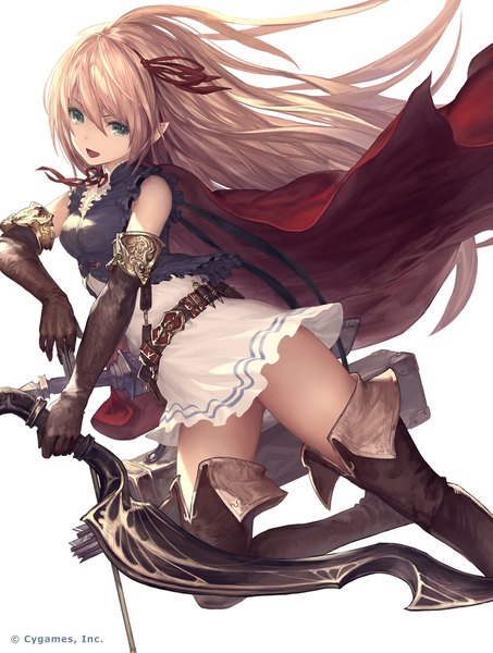 Anime picture 1547x2047 with shadowverse arisa (shadowverse) tachikawa mushimaro (bimo) single long hair tall image looking at viewer fringe breasts open mouth simple background blonde hair smile hair between eyes white background holding green eyes signed bent knee (knees) head tilt