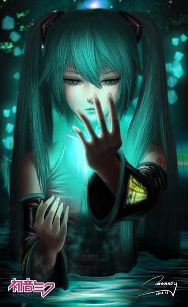 Anime picture 1206x1964 with vocaloid hatsune miku monkey (weibo) single long hair tall image twintails signed aqua eyes realistic aqua hair inscription glowing girl detached sleeves water necktie
