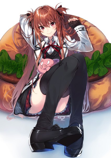 Anime picture 1000x1414 with original tororo inniina kuwashima rein single long hair tall image looking at viewer blush fringe light erotic simple background hair between eyes red eyes brown hair white background sitting bent knee (knees) long sleeves two side up zettai ryouiki