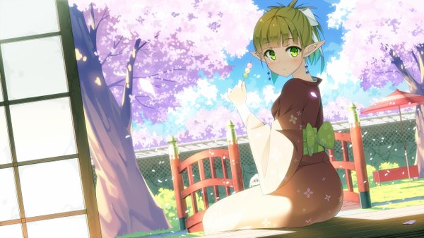 Anime picture 1280x720 with original hatsuki kaname single looking at viewer blush blonde hair wide image sitting green eyes ponytail traditional clothes japanese clothes pointy ears sunlight wallpaper cherry blossoms floral print girl plant (plants) earrings