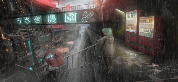 Anime picture 4900x2268 with original okayuyuyu highres wide image absurdres full body outdoors hieroglyph rain ambiguous gender hat umbrella stairs oriental umbrella ajirogasa vending machine