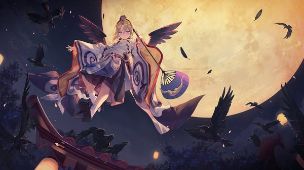 Anime picture 1920x1080 with onmyoji daitengu (onmyoji) criin single looking at viewer blush fringe highres short hair blue eyes blonde hair hair between eyes wide image holding signed cloud (clouds) full body ahoge bent knee (knees) outdoors