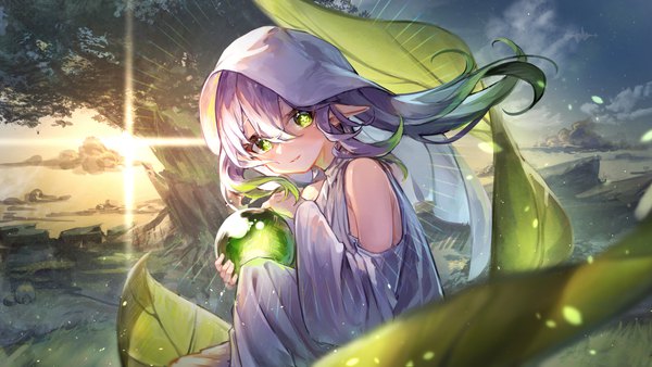 Anime picture 5973x3360 with genshin impact nahida (genshin impact) yu hydra single long hair looking at viewer fringe highres hair between eyes wide image green eyes absurdres silver hair pointy ears sunlight girl plant (plants) detached sleeves tree (trees) veil