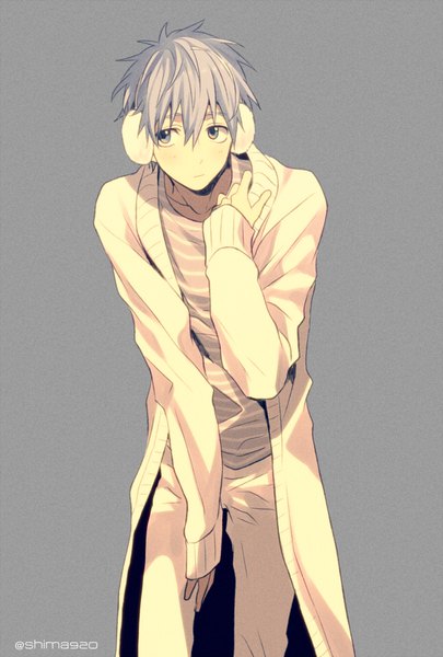 Anime picture 600x888 with kuroko no basket production i.g kuroko tetsuya mashima shima single tall image fringe short hair simple background hair between eyes signed looking away grey hair grey background grey eyes leaning leaning forward boy cardigan earmuffs