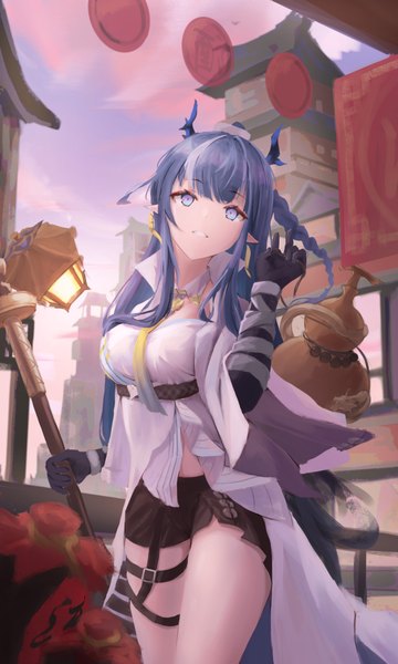 Anime picture 1440x2400 with arknights ling (arknights) moshi ruo single long hair tall image fringe breasts blue eyes standing holding blue hair looking away sky cloud (clouds) outdoors blunt bangs braid (braids) parted lips horn (horns)
