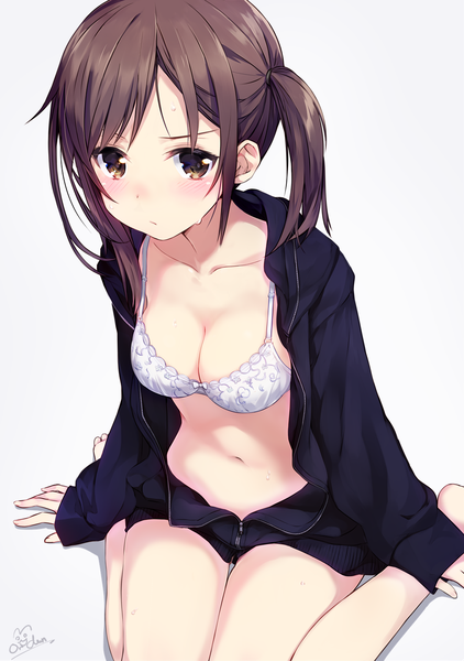Anime picture 984x1400 with original orda single tall image looking at viewer blush fringe short hair breasts light erotic simple background brown hair large breasts white background sitting brown eyes signed open clothes sweat side ponytail