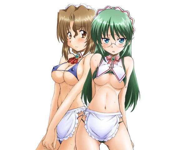 Anime picture 1600x1280 with hayate no gotoku! maria (hayate no gotoku!) kijima saki tagme (artist) long hair looking at viewer blush short hair breasts blue eyes light erotic simple background brown hair white background multiple girls green hair maid erect nipples covered nipples nearly naked apron
