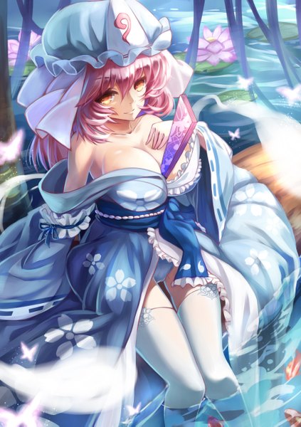 Anime-Bild 900x1275 mit touhou saigyouji yuyuko kamiljm tall image looking at viewer short hair breasts light erotic red eyes large breasts pink hair pantyshot ghost girl thighhighs dress underwear panties white thighhighs water