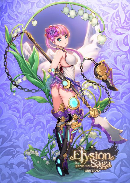 Anime picture 768x1080 with elysion saga (card game) ecell (artist) single long hair tall image looking at viewer blush breasts blue eyes light erotic pink hair ass hair flower girl dress hair ornament flower (flowers) weapon