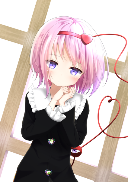 Anime-Bild 1358x1920 mit touhou komeiji satori yuuforia single tall image blush fringe short hair purple eyes looking away pink hair upper body dutch angle alternate costume hands clasped heart of string girl dress frills heart