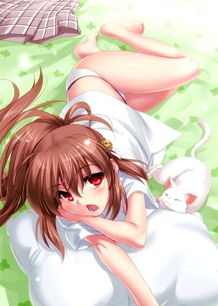 Anime picture 1000x1402 with little busters! key (studio) natsume rin zen (kamuro) single long hair tall image looking at viewer blush open mouth light erotic red eyes brown hair lying girl underwear panties animal shirt pillow