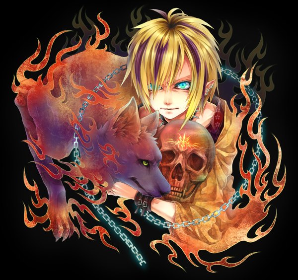 Anime picture 1358x1277 with original yukimichi (nieko) short hair blonde hair simple background multicolored hair pointy ears two-tone hair piercing black background multicolored eyes animal chain skull wristlet flame wolf