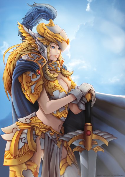 Anime picture 2480x3508 with gloomines (evolvis) single long hair tall image highres breasts blue eyes light erotic blonde hair large breasts cleavage knight girl navel sword armor cloak helmet