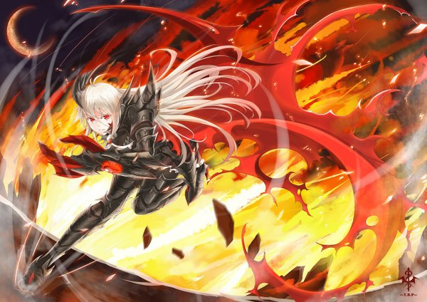 Anime-Bild 1403x992 mit original pixiv fantasia fengsao hua tanzhang single long hair looking at viewer red eyes bent knee (knees) white hair fighting stance girl armor moon cape fire flame
