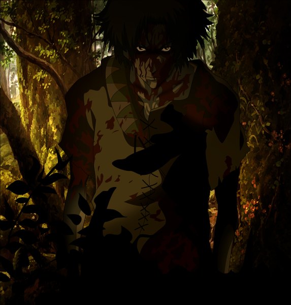 Anime picture 1200x1256 with samurai champloo mugen (samurai champloo) morrow single tall image looking at viewer short hair black hair outdoors black eyes blood on face bloody clothes boy plant (plants) shirt tree (trees) leaf (leaves) blood forest