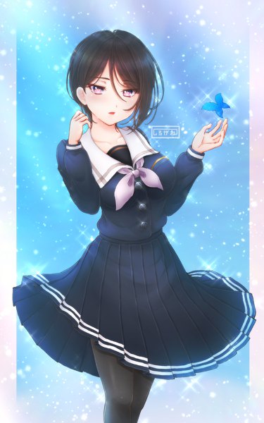 Anime picture 750x1200 with bang dream! yashio rui shirogane tsubasa single tall image looking at viewer blush fringe short hair breasts open mouth black hair hair between eyes large breasts standing long sleeves pleated skirt pink eyes wind sparkle