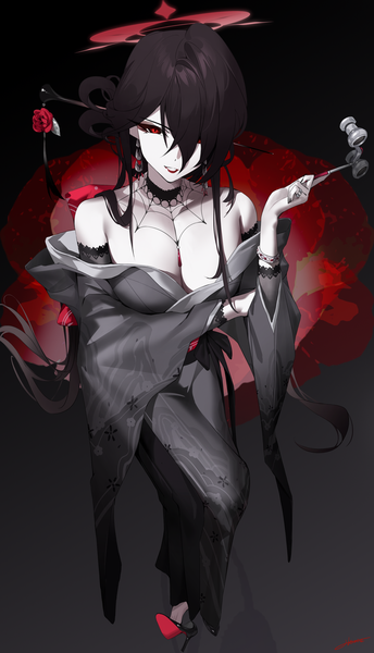 Anime picture 2161x3773 with blue archive kokuriko (blue archive) haine 1871 single long hair tall image looking at viewer fringe highres breasts light erotic black hair red eyes cleavage traditional clothes japanese clothes from above hair over one eye high heels lipstick