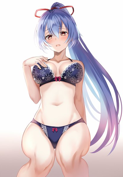 Anime picture 700x1010 with fate (series) fate/grand order tomoe gozen (fate) harimoji single long hair tall image looking at viewer blush fringe breasts open mouth light erotic simple background hair between eyes red eyes large breasts sitting bare shoulders cleavage