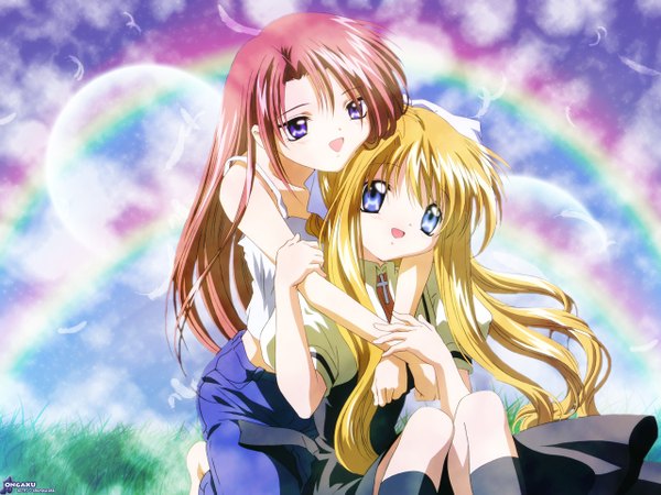 Anime picture 1280x960 with air key (studio) kamio misuzu kamio haruko hug girl feather (feathers) rainbow