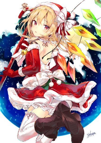 Anime picture 1003x1416 with touhou flandre scarlet sakusyo single long hair tall image looking at viewer blush fringe open mouth blonde hair hair between eyes red eyes white background bare shoulders holding signed payot looking back pointy ears