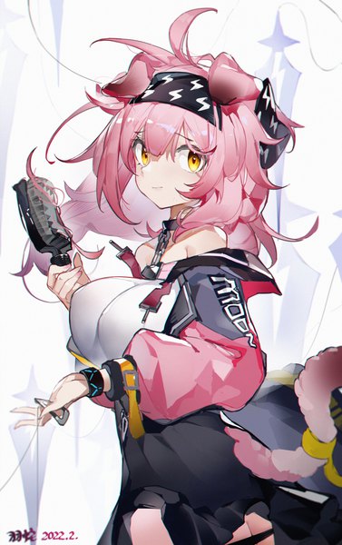 Anime picture 3422x5452 with arknights goldenglow (arknights) yushi quetzalli single long hair tall image looking at viewer fringe highres breasts light erotic large breasts holding animal ears yellow eyes pink hair absurdres tail animal tail cat ears