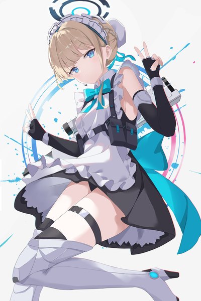 Anime picture 1333x2000 with blue archive toki (blue archive) serika single tall image looking at viewer short hair blue eyes light erotic blonde hair full body maid hair bun (hair buns) pantyshot victory expressionless girl gloves uniform underwear