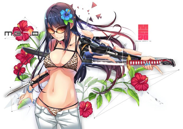 Anime picture 921x651 with original t-track (artist) single long hair looking at viewer fringe breasts light erotic smile red eyes large breasts standing white background nail polish hair flower fingernails inscription outstretched arm underboob animal print