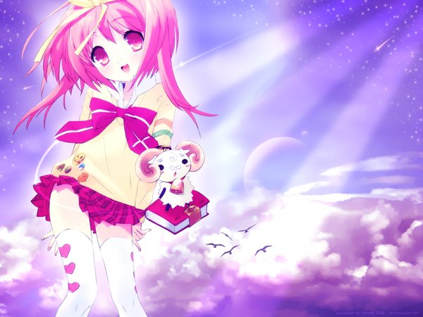 Anime picture 1600x1200 with nanatsuiro drops akihime sumomo yuki-chan single long hair looking at viewer fringe open mouth standing pink hair sky cloud (clouds) long sleeves head tilt pink eyes wind sunlight happy bell collar shooting star