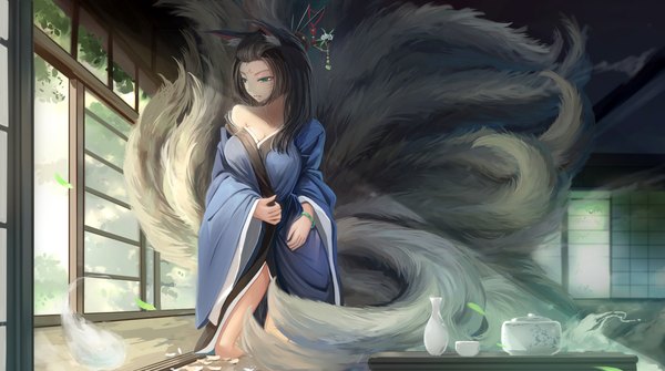 Anime picture 2211x1236 with original kikivi single long hair highres black hair wide image brown eyes animal ears tail traditional clothes japanese clothes animal tail fox ears fox tail fox girl multiple tails girl hair ornament kimono