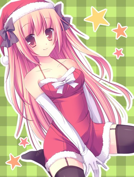 Anime picture 2160x2844 with original ringonotane (muku) single long hair tall image looking at viewer blush highres smile red eyes sitting bare shoulders pink hair barefoot legs fur trim christmas plaid plaid background girl