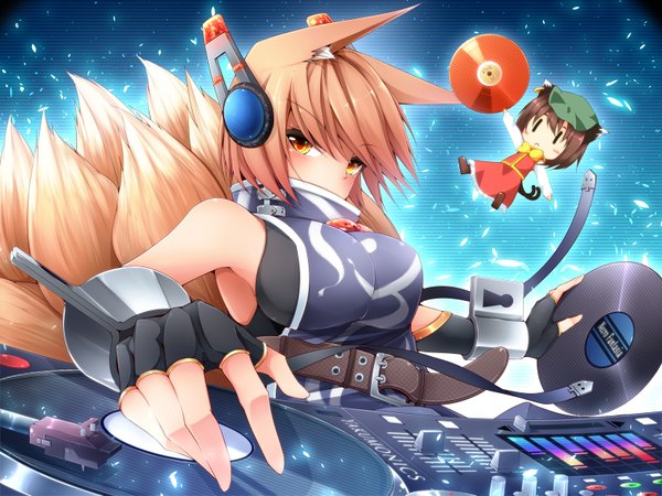 Anime picture 1600x1200 with touhou yakumo ran chen midori (misuriru8) short hair breasts large breasts bare shoulders multiple girls yellow eyes orange hair fox ears fox tail fox girl chibi multiple tails l l dj girl 2 girls