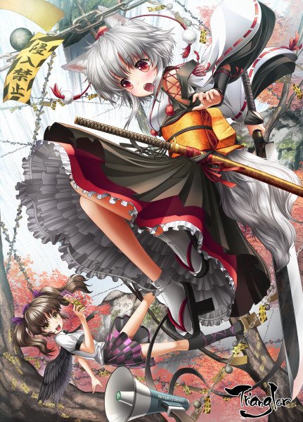 Anime picture 862x1200 with touhou inubashiri momiji himekaidou hatate kei kei long hair tall image blush short hair open mouth black hair red eyes twintails multiple girls brown eyes animal ears silver hair tail animal tail wolf ears wolf tail