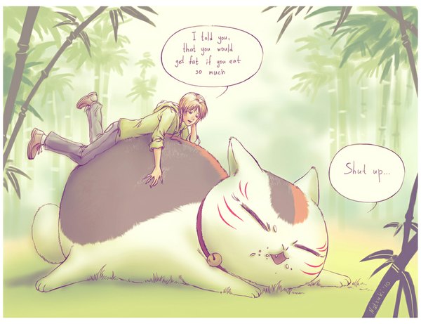 Anime picture 1024x787 with natsume yuujinchou brains base (studio) natsume takashi madara (nyanko-sensei) natsuki-3 (artist) short hair blonde hair lying arm support teeth fang (fangs) border plant (plants) animal tree (trees) bell pants cat collar palm tree