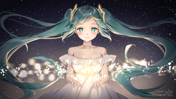 Anime picture 1632x918 with vocaloid hatsune miku kinako (shiratama mochi) single looking at viewer blush fringe smile wide image twintails bare shoulders holding signed payot very long hair aqua eyes off shoulder aqua hair night night sky