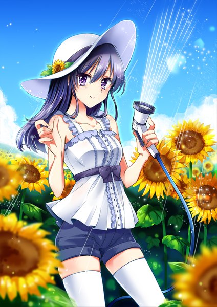 Anime picture 1447x2047 with original takami single long hair tall image looking at viewer purple eyes blue hair light smile girl thighhighs dress flower (flowers) hat white thighhighs shorts sundress