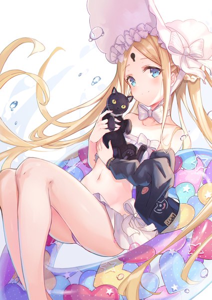 Anime picture 1254x1771 with fate (series) fate/grand order abigail williams (fate) abigail williams (swimsuit foreigner) (fate) kyaroru single long hair tall image looking at viewer blue eyes light erotic blonde hair smile twintails girl navel swimsuit hat animal bikini